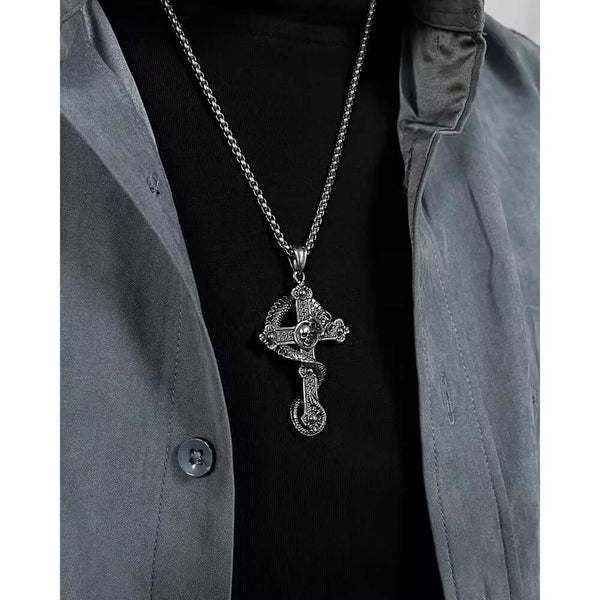 COBRA CROSS (T) - Pure Titanium Steel Pendant with Stainless Steel 24inch Round Box Chain, European trending Style for Men & Boy