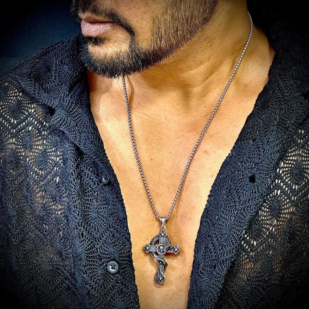 COBRA CROSS (T) - Pure Titanium Steel Pendant with Stainless Steel 24inch Round Box Chain, European trending Style for Men & Boy - THE MEN THING