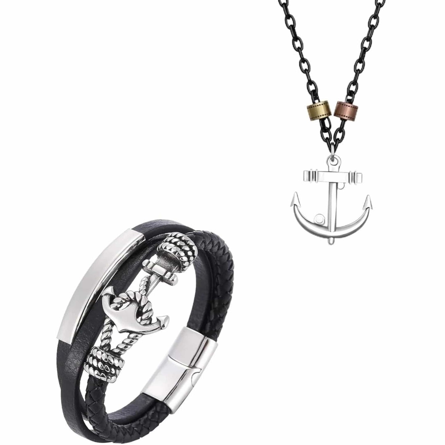 COMBO - Aqua Anchor Steel Pendant & Nautical Leather Braided Bracelet for Men's - THE MEN THING