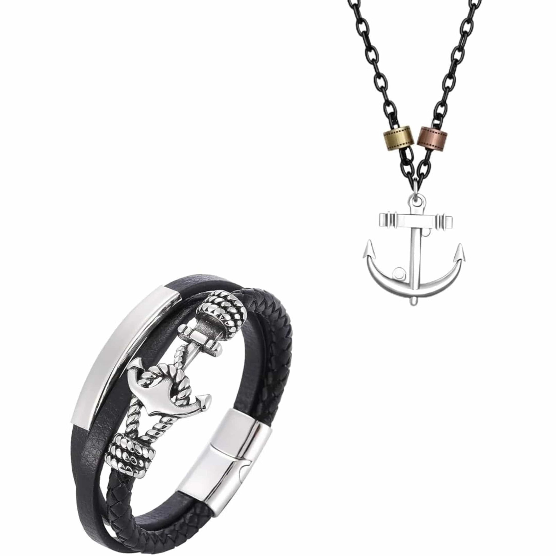 COMBO - Aqua Anchor Steel Pendant & Nautical Leather Braided Bracelet for Men's - THE MEN THING