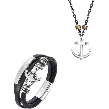 COMBO - Aqua Anchor Steel Pendant & Nautical Leather Braided Bracelet for Men's - THE MEN THING