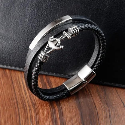 COMBO - Aqua Anchor Steel Pendant & Nautical Leather Braided Bracelet for Men's - THE MEN THING