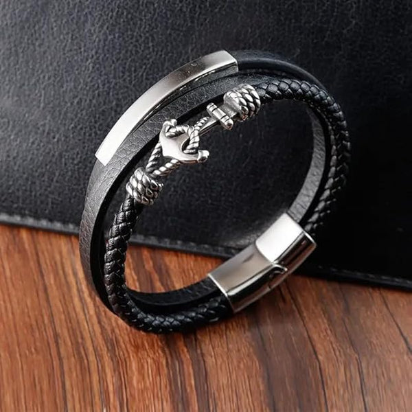 COMBO - Aqua Anchor Steel Pendant & Nautical Leather Braided Bracelet for Men's