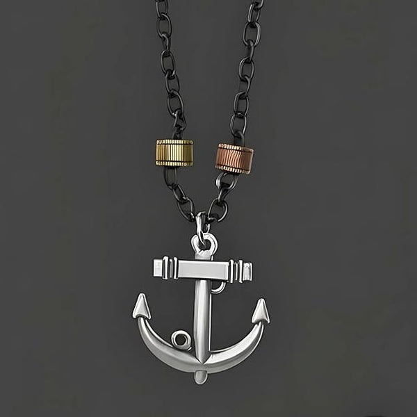 COMBO - Aqua Anchor Steel Pendant & Nautical Leather Braided Bracelet for Men's