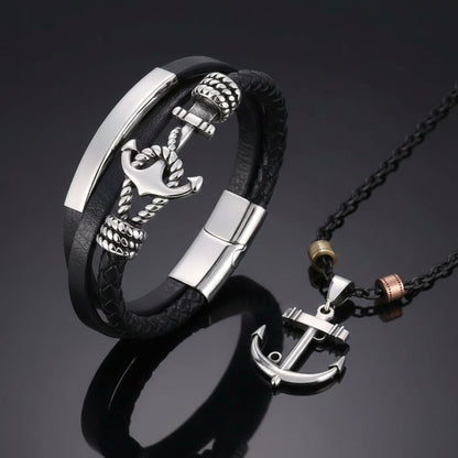 COMBO - Aqua Anchor Steel Pendant & Nautical Leather Braided Bracelet for Men's - THE MEN THING