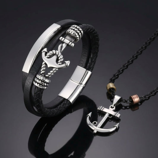 COMBO - Aqua Anchor Steel Pendant & Nautical Leather Braided Bracelet for Men's - THE MEN THING