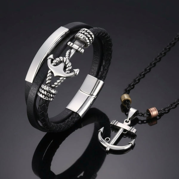 COMBO - Aqua Anchor Steel Pendant & Nautical Leather Braided Bracelet for Men's