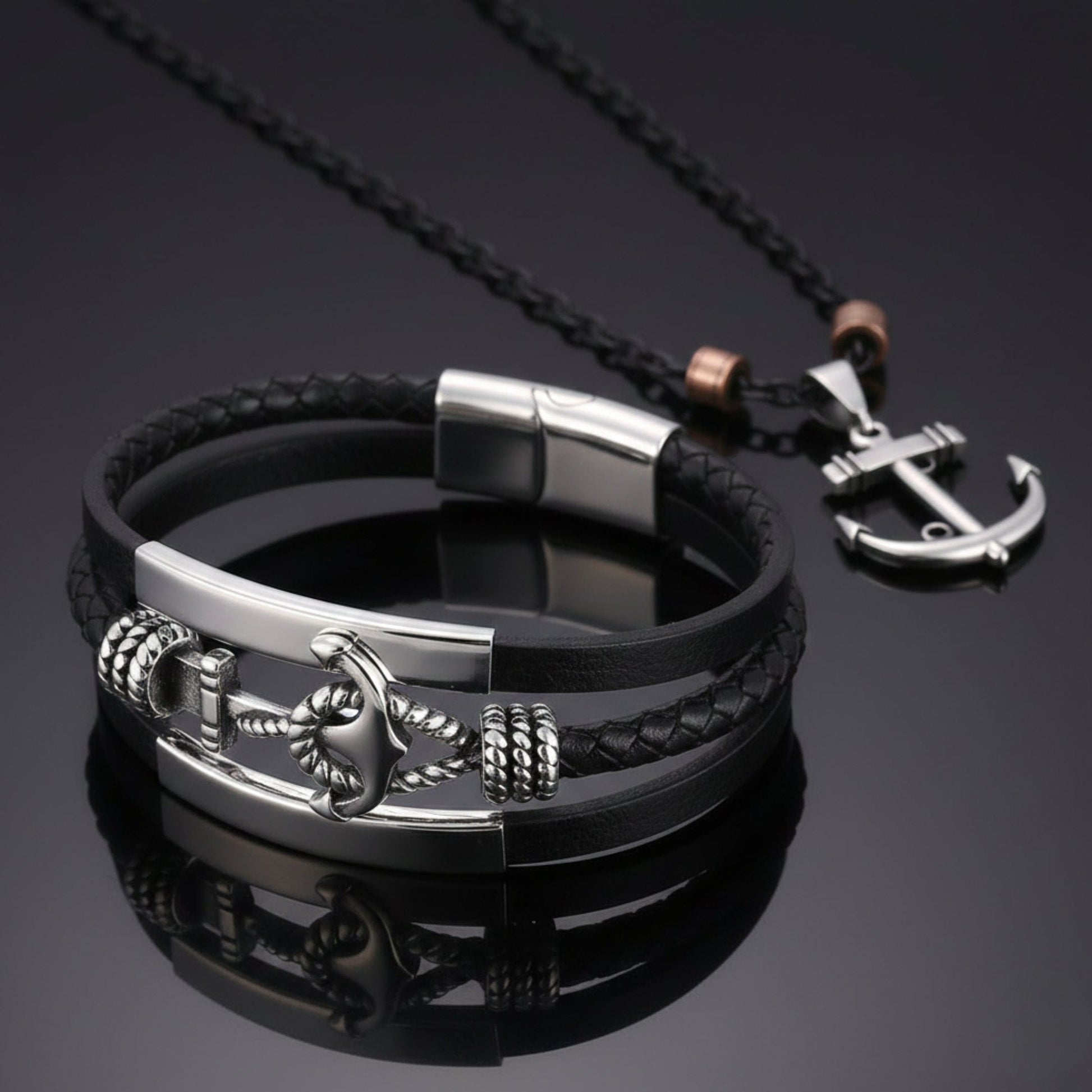 COMBO - Aqua Anchor Steel Pendant & Nautical Leather Braided Bracelet for Men's - THE MEN THING