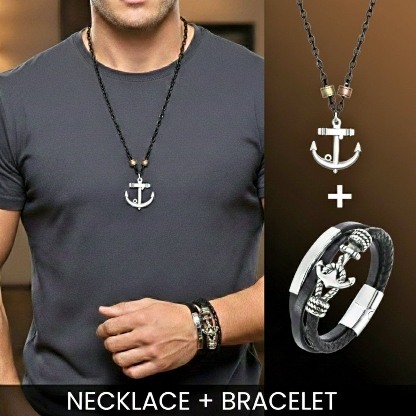 COMBO - Aqua Anchor Steel Pendant & Nautical Leather Braided Bracelet for Men's - THE MEN THING