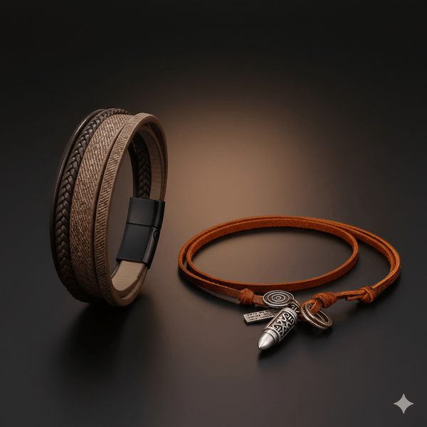 COMBO– Bullet Necklace & Brown Leather Bracelet for Men's