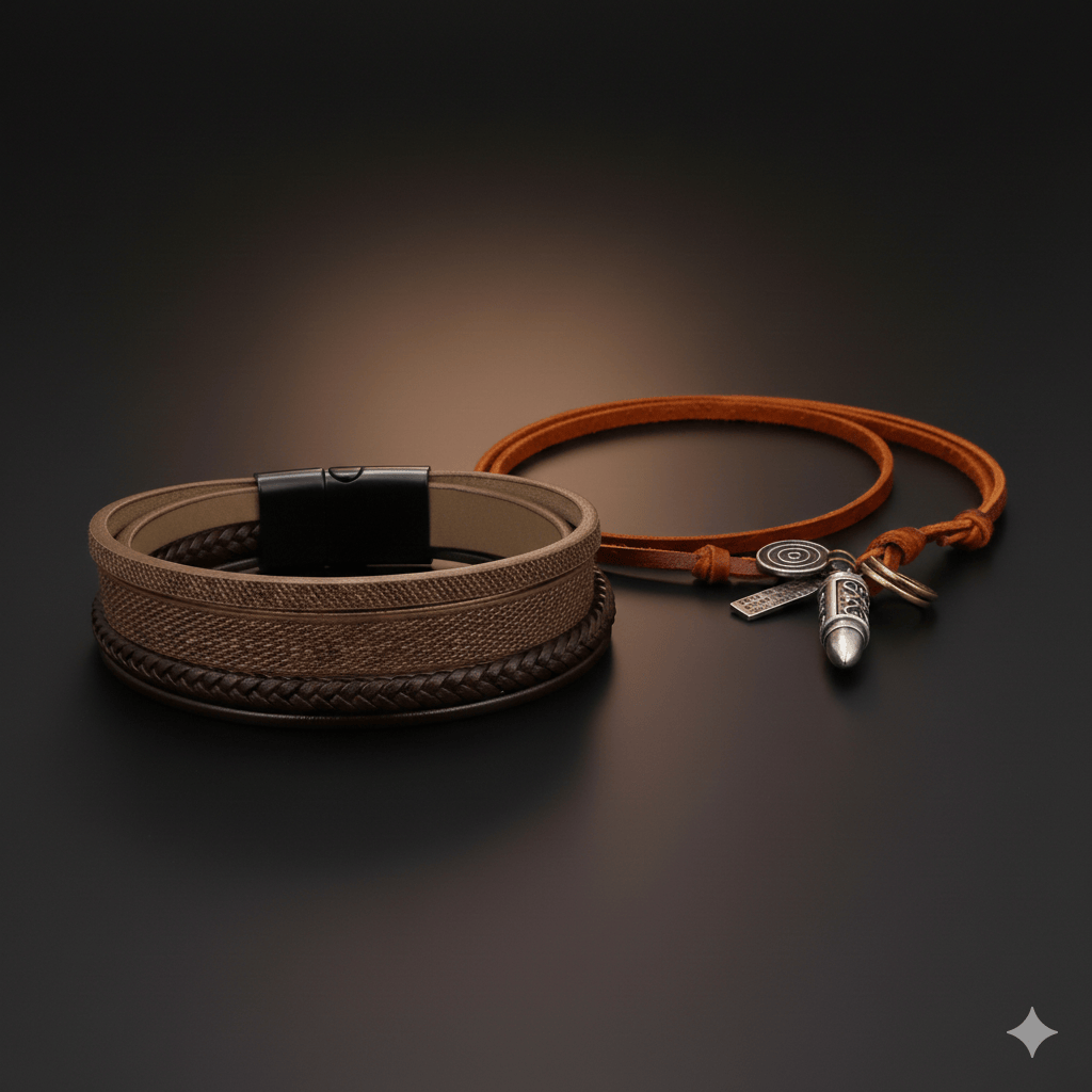 COMBO– Bullet Necklace & Brown Leather Bracelet for Men's - THE MEN THING