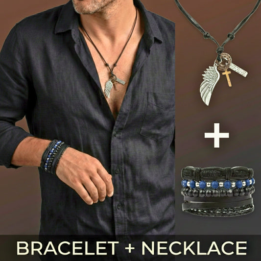 COMBO Crosswing Relic Pendant & Twilight Forge Leather Bracelet — Vintage Explorer Set for Men - THE MEN THING