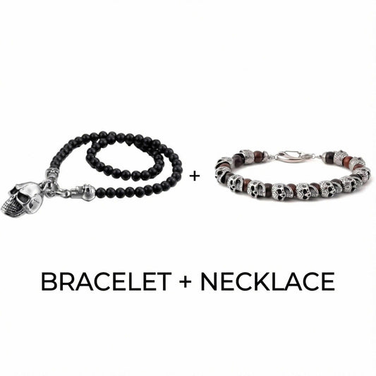 COMBO — GOTHIC SKULL - Onyx Beads Necklace & GRIM SKULL - Red Tiger Eye Stainless Steel Bracelet — Pearl / Bead Necklace for Men | THE MEN THING