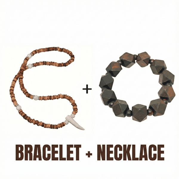 COMBO — SOLBARK Wooden Beads Bracelet × Tribal Tooth Pendant Necklace
