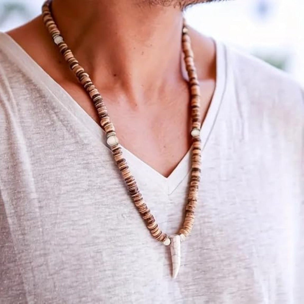 COMBO — SOLBARK Wooden Beads Bracelet × Tribal Tooth Pendant Necklace - THE MEN THING