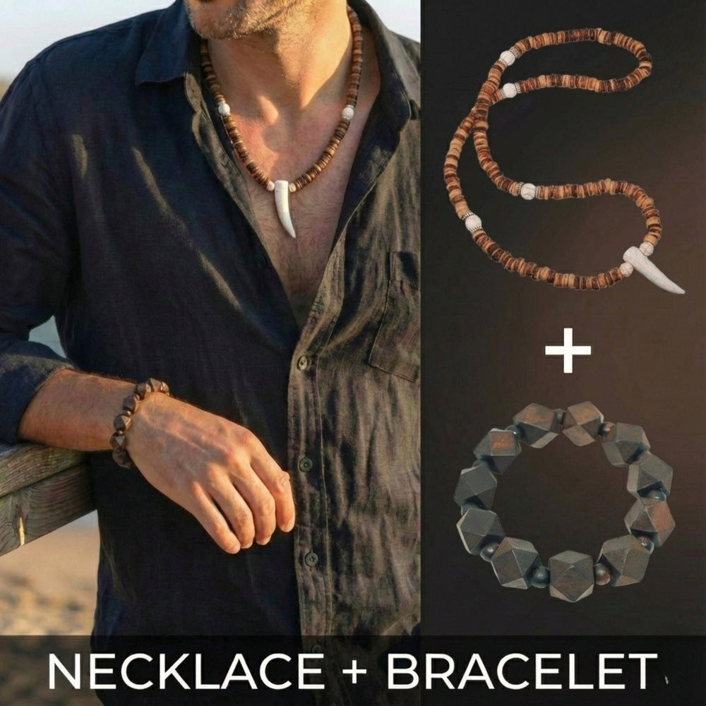 COMBO — SOLBARK Wooden Beads Bracelet × Tribal Tooth Pendant Necklace - THE MEN THING