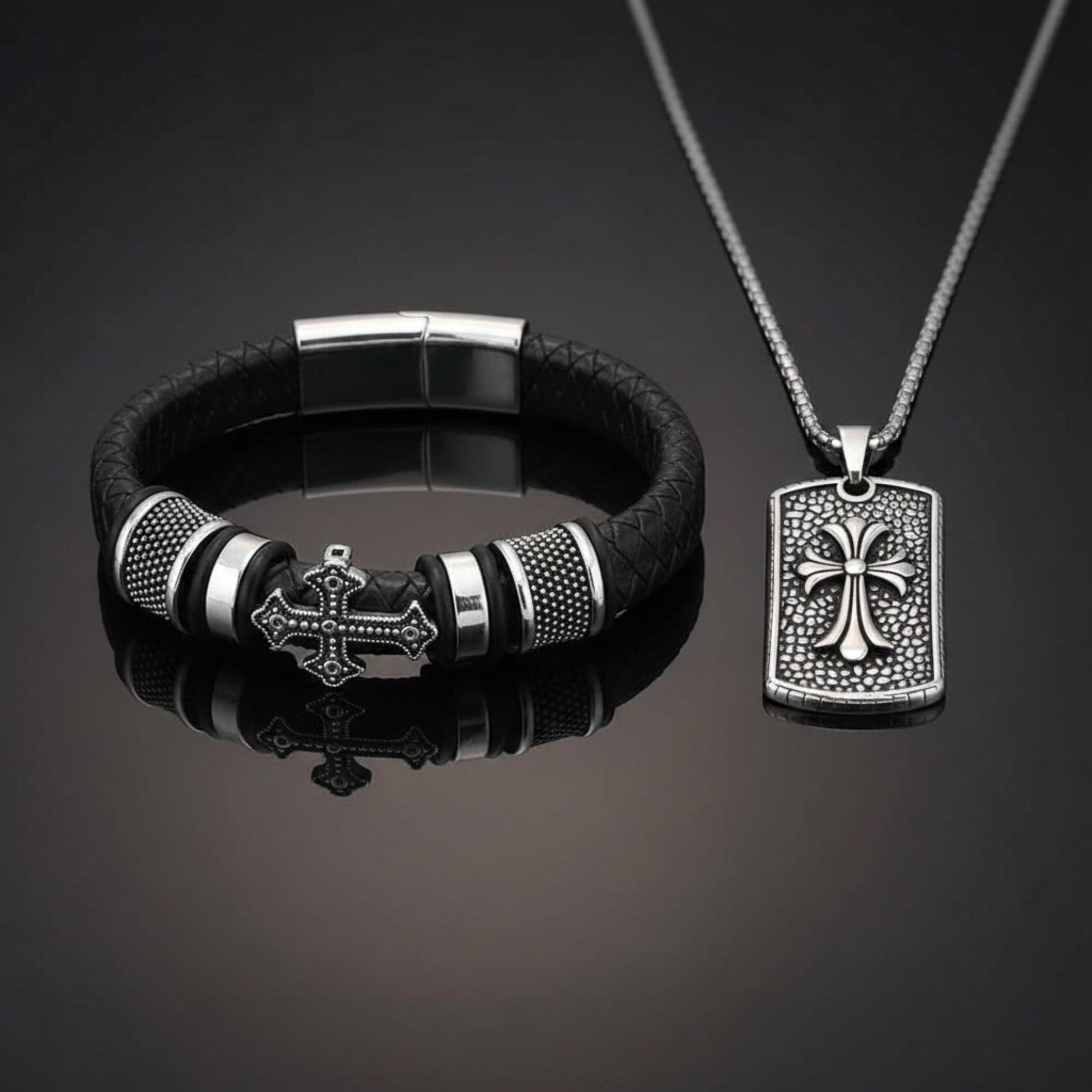 COMBO - Titanium Steel Divine Faith Pendant + Templar Cross Leather Bracelet for Men's - THE MEN THING