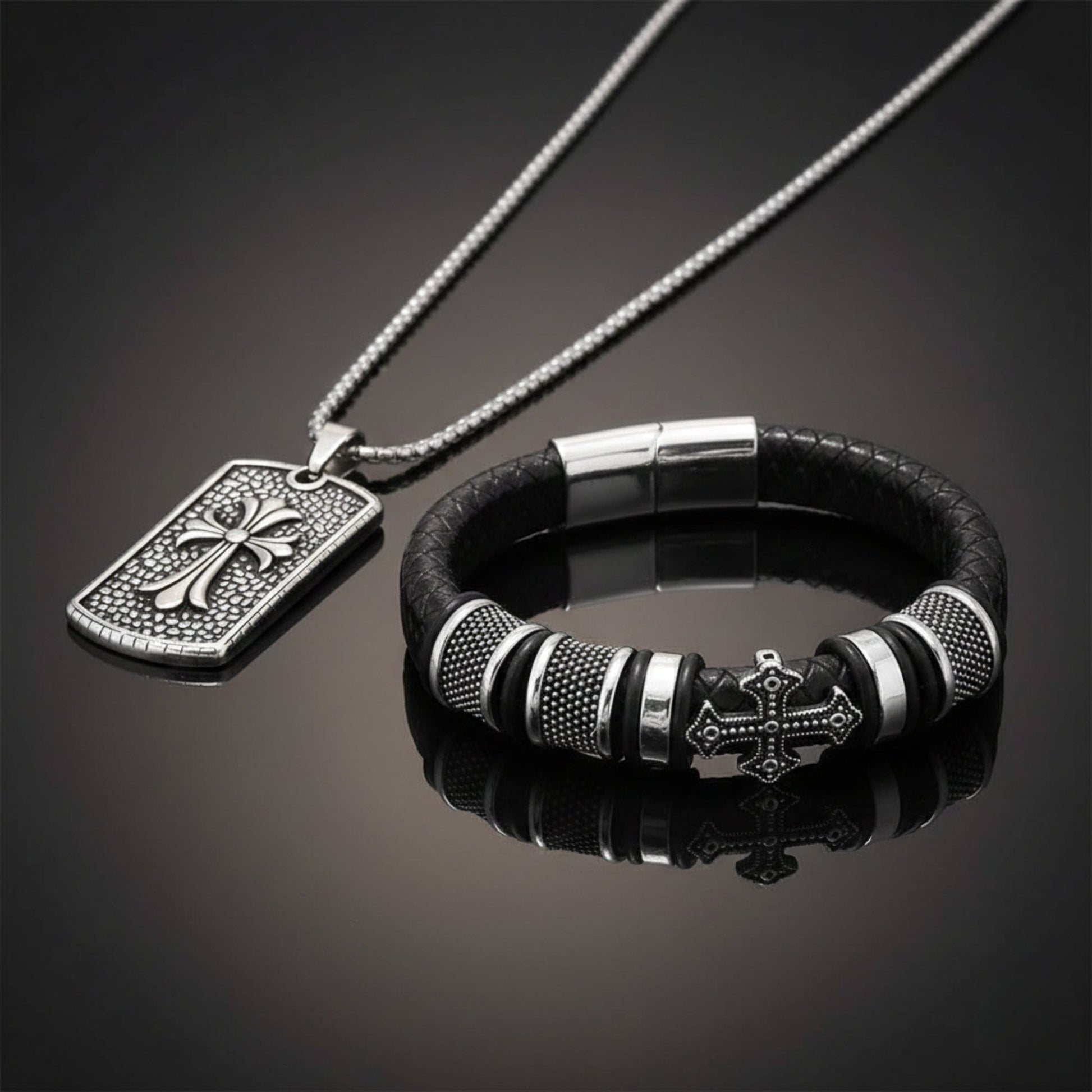 COMBO - Titanium Steel Divine Faith Pendant + Templar Cross Leather Bracelet for Men's - THE MEN THING