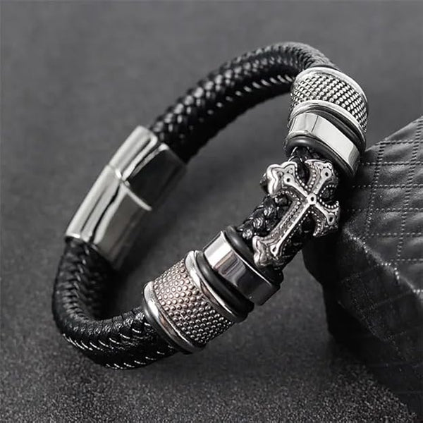 COMBO - Titanium Steel Divine Faith Pendant + Templar Cross Leather Bracelet for Men's