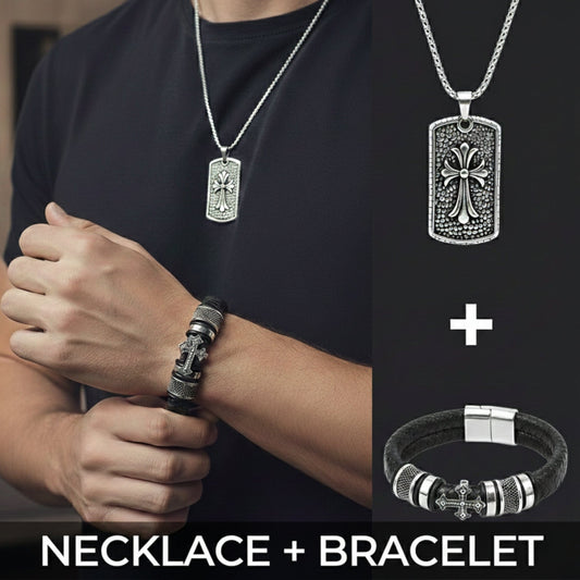 COMBO - Titanium Steel Divine Faith Pendant + Templar Cross Leather Bracelet for Men's - THE MEN THING