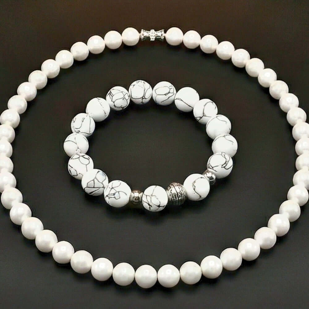 COMBO — White Aura Pearl Necklace & Howlite Beads Bracelet — Pearl / Bead Necklace for Men | THE MEN THING