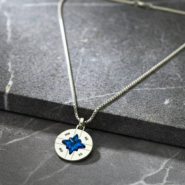 COMPASS STAR - 25mm Titanium Steel Pendant with 20inch Round Box 4 mm Chain for Men & Boys