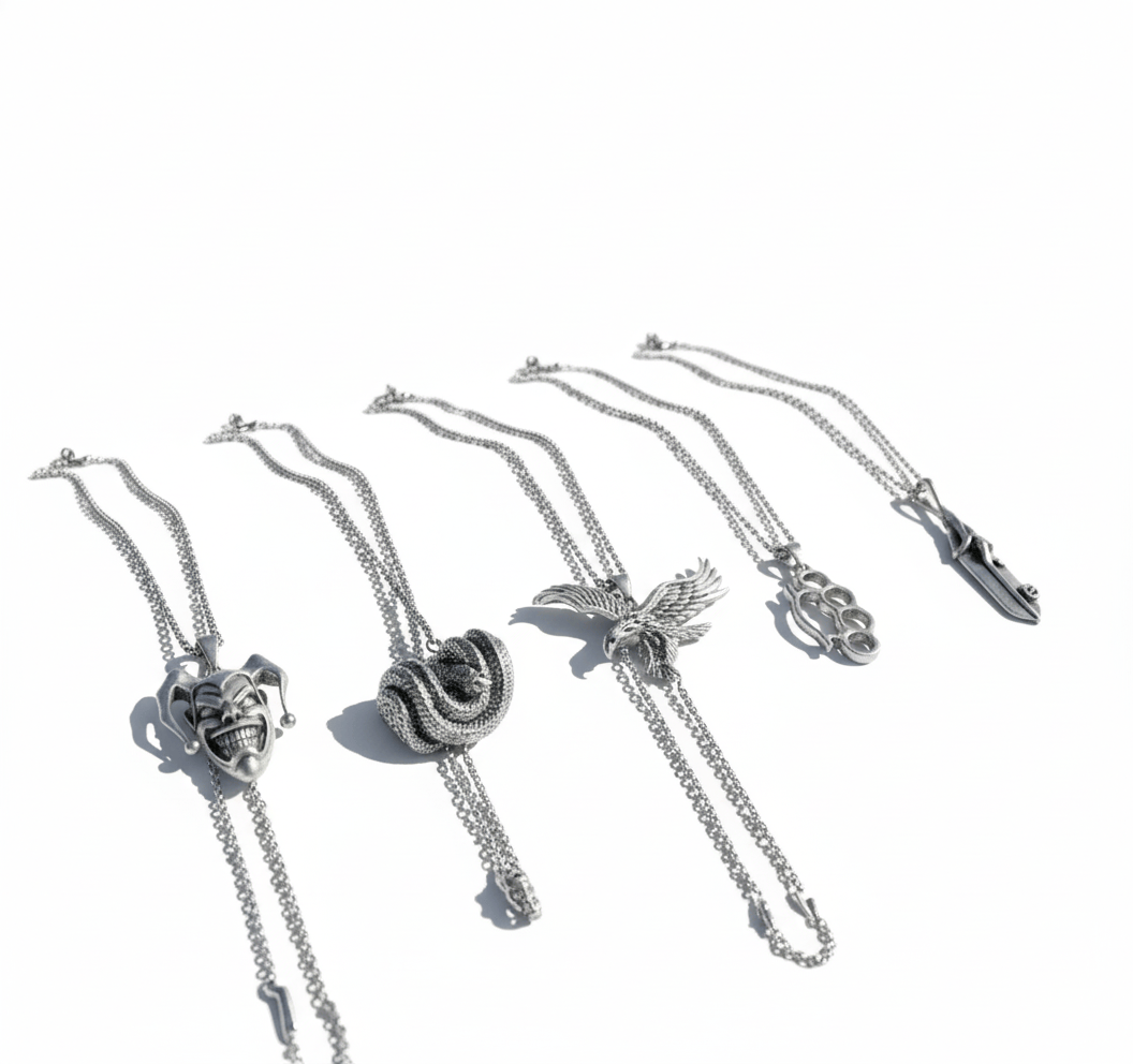 CONTRAST COLLECTIVE 5-Piece Symbolic Pendant Set – COILED SERPENT, EAGLE-SHARP, STRONG GRIP, CLAW LEAF, & CIRCUS Necklaces on 24 Inch Stainless Steel Chain for Mens and Boys - THE MEN THING