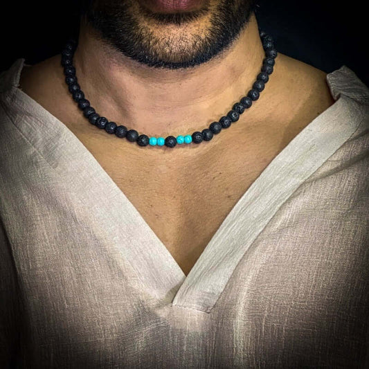 COOL FAB LAGOON -  Natural Black Lava Stone with Blue Pearl Necklace Mens & Boys (21 inch with adjustable cable chain) - THE MEN THING