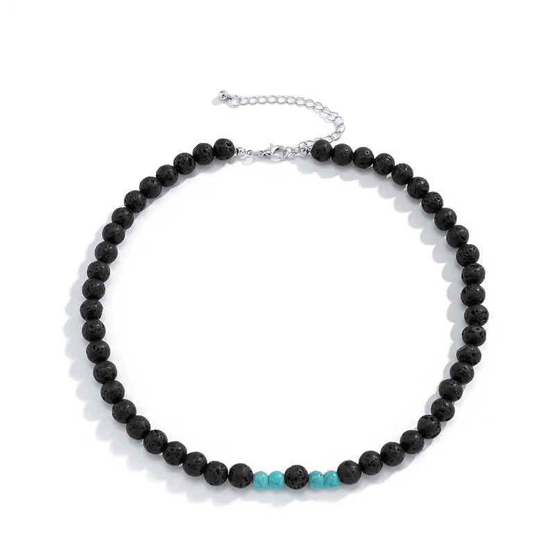 COOL FAB LAGOON -  Natural Black Lava Stone with Blue Pearl Necklace Mens & Boys (21 inch with adjustable cable chain) - THE MEN THING