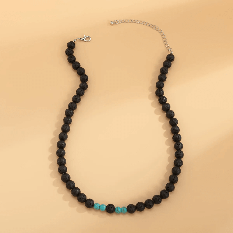 COOL FAB LAGOON -  Natural Black Lava Stone with Blue Pearl Necklace Mens & Boys (21 inch with adjustable cable chain) - THE MEN THING