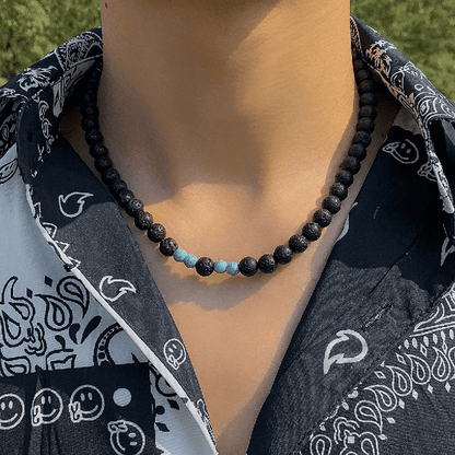 COOL FAB LAGOON -  Natural Black Lava Stone with Blue Pearl Necklace Mens & Boys (21 inch with adjustable cable chain) - THE MEN THING