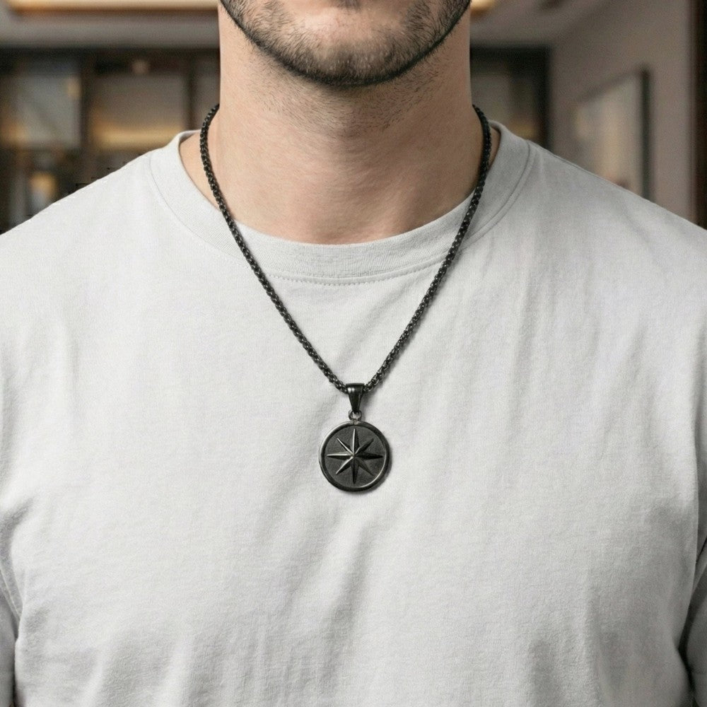 COSMIC BLACK STAR - 28mm Titanium Steel Pendant with 24inch Round Box 5mm Chain for Men & Boys - THE MEN THING