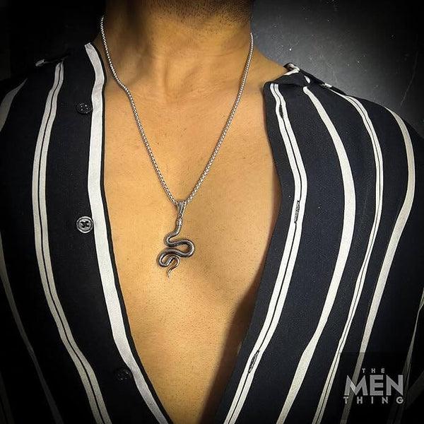 CRAWLING SNAKE - Pure Titanium Steel Pendant with 24inch Round Box Chain for Men & Boys