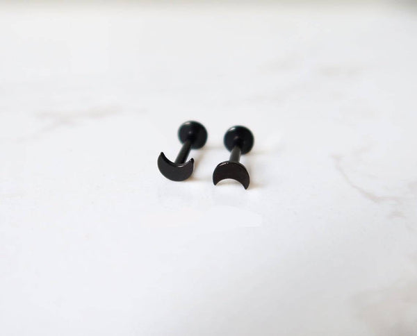 CRESCENT MOON - Pure Titanium Steel Piercing Screw Ball Ear Earrings for Men & Boys (2 Pcs)