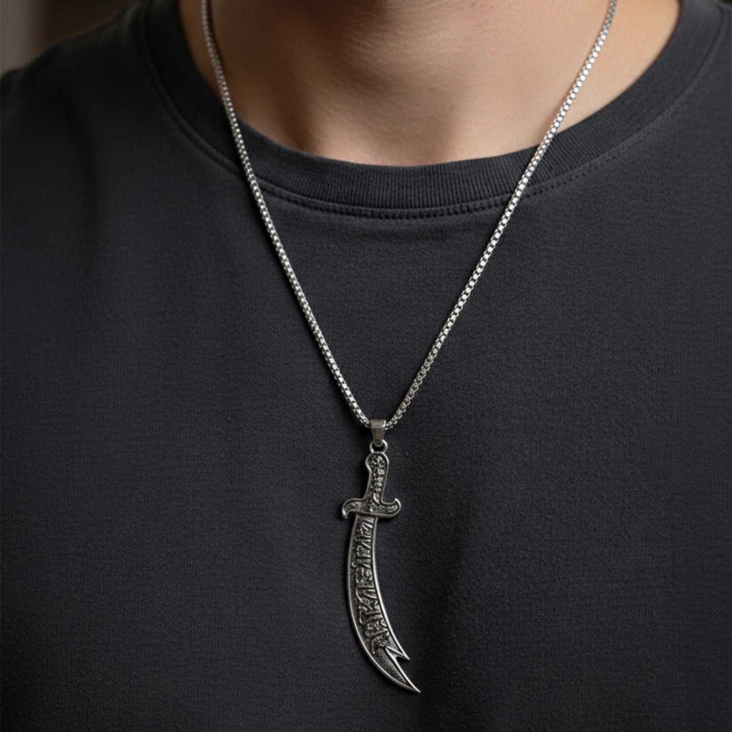 CRESCENT SWORD - 17mm Pure Titanium Steel  Pendant with 24inch Round Box 4mm Chain for Men & Boys - THE MEN THING