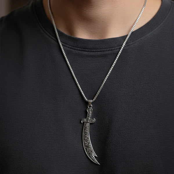 CRESCENT SWORD - 17mm Pure Titanium Steel  Pendant with 24inch Round Box 4mm Chain for Men & Boys