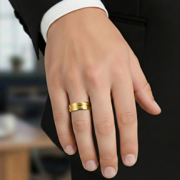 CREST DUAL LINE - Pure Stainless Steel Men’s Gold-Plated Ring (Size : 17-22-27)