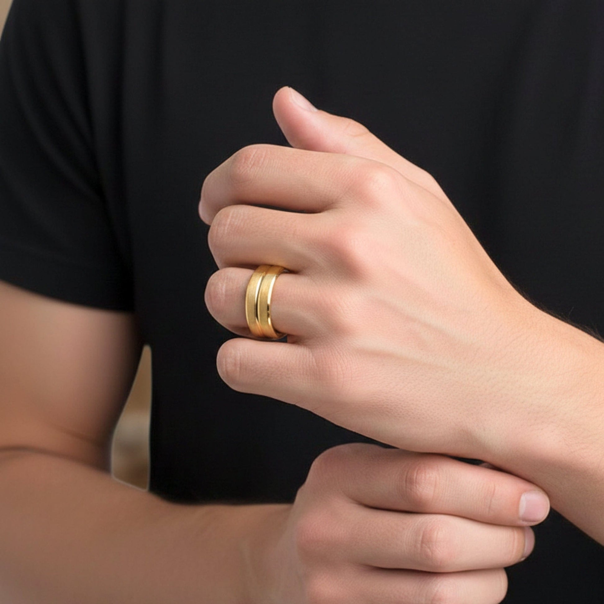 CREST DUAL LINE - Pure Stainless Steel Men’s Gold-Plated Ring (Size : 17-22-27) - THE MEN THING