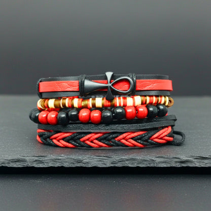 CRIMSON ANKH CROSS - 4 Pcs Genuine Leather Adjustable Bracelet Set for Men & Boys (8 inch) - THE MEN THING