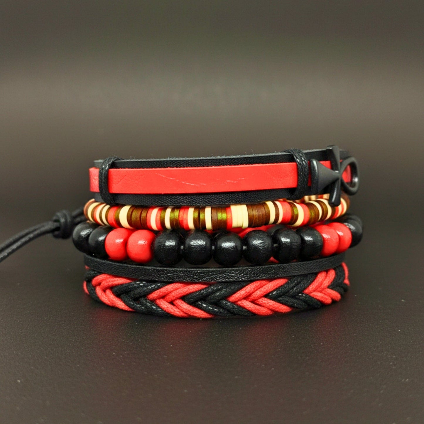 CRIMSON ANKH CROSS - 4 Pcs Genuine Leather Adjustable Bracelet Set for Men & Boys (8 inch) - THE MEN THING