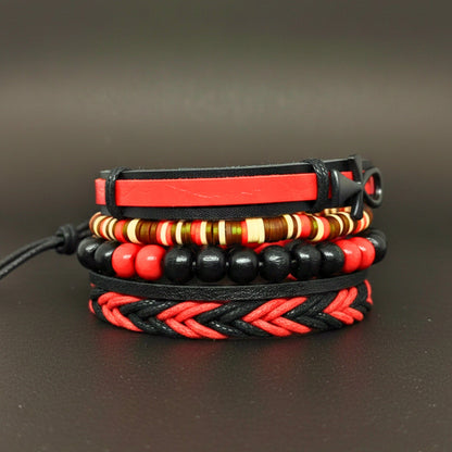 CRIMSON ANKH CROSS - 4 Pcs Genuine Leather Adjustable Bracelet Set for Men & Boys (8 inch) - THE MEN THING