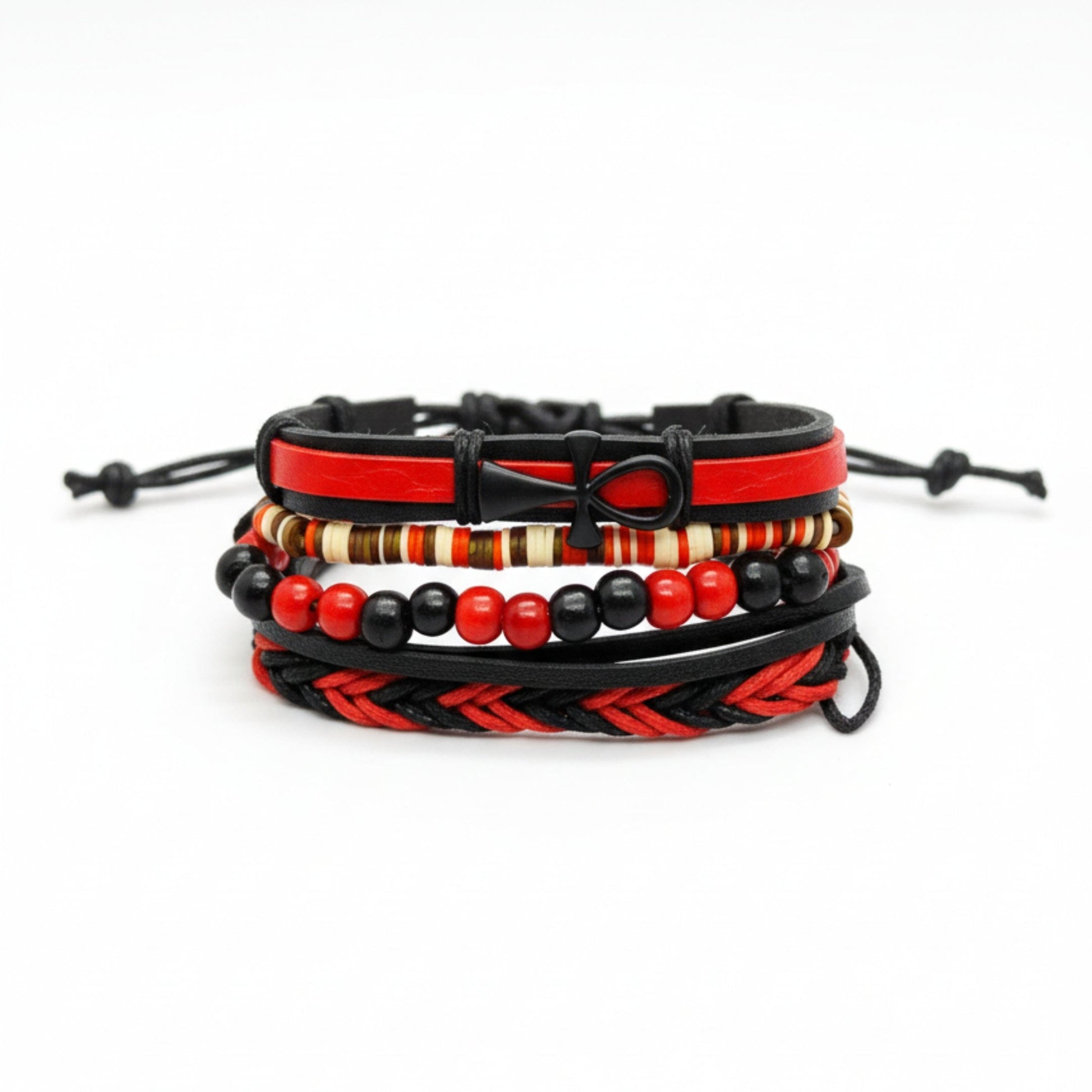 CRIMSON ANKH CROSS - 4 Pcs Genuine Leather Adjustable Bracelet Set for Men & Boys (8 inch) - THE MEN THING