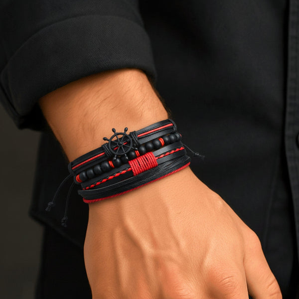 CRIMSON CAPTAIN - 4 Pcs Genuine Leather Adjustable Bracelet Set for Men & Boys (8 inch)