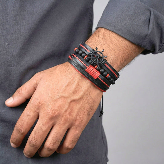 CRIMSON CAPTAIN - 4 Pcs Genuine Leather Adjustable Bracelet Set for Men & Boys (8 inch) - THE MEN THING