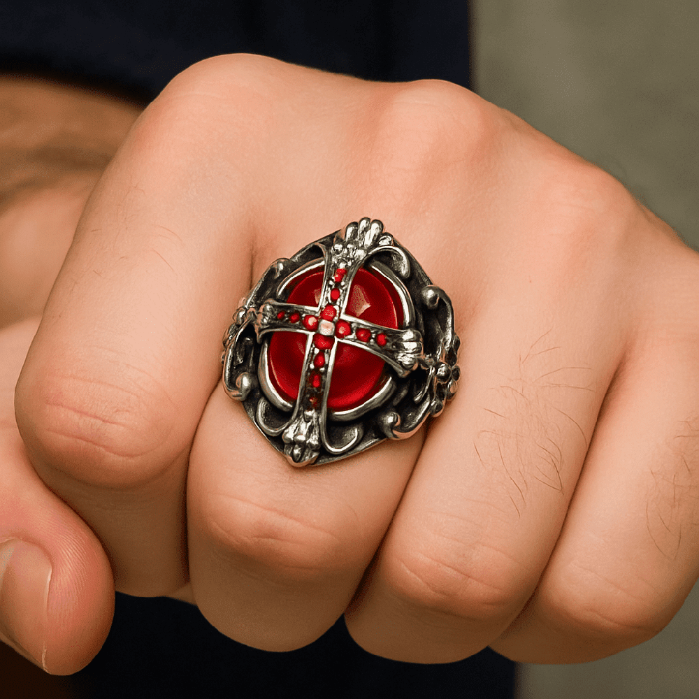 CRIMSON CREST RING - Pure Stainless Steel Men’s Steel-Plated Ring – Statement Luxury Jewelry (Size : 18-21-24) - THE MEN THING