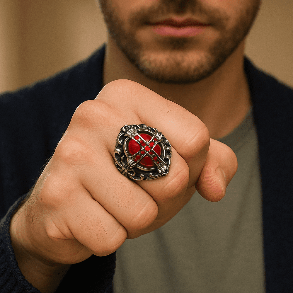 CRIMSON CREST RING - Pure Stainless Steel Men’s Steel-Plated Ring – Statement Luxury Jewelry (Size : 18-21-24) - THE MEN THING