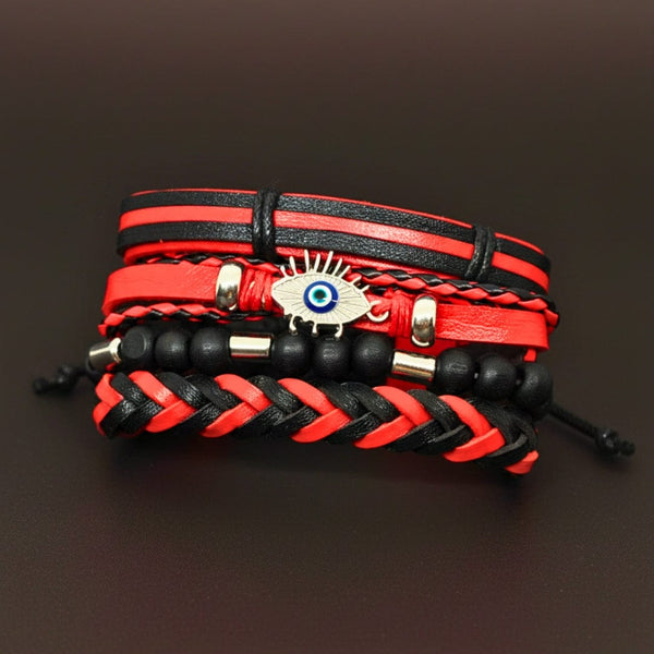 CRIMSON EVIL EYE - 4 Pcs Genuine Leather Adjustable Bracelet Set for Men & Boys (8 inch)