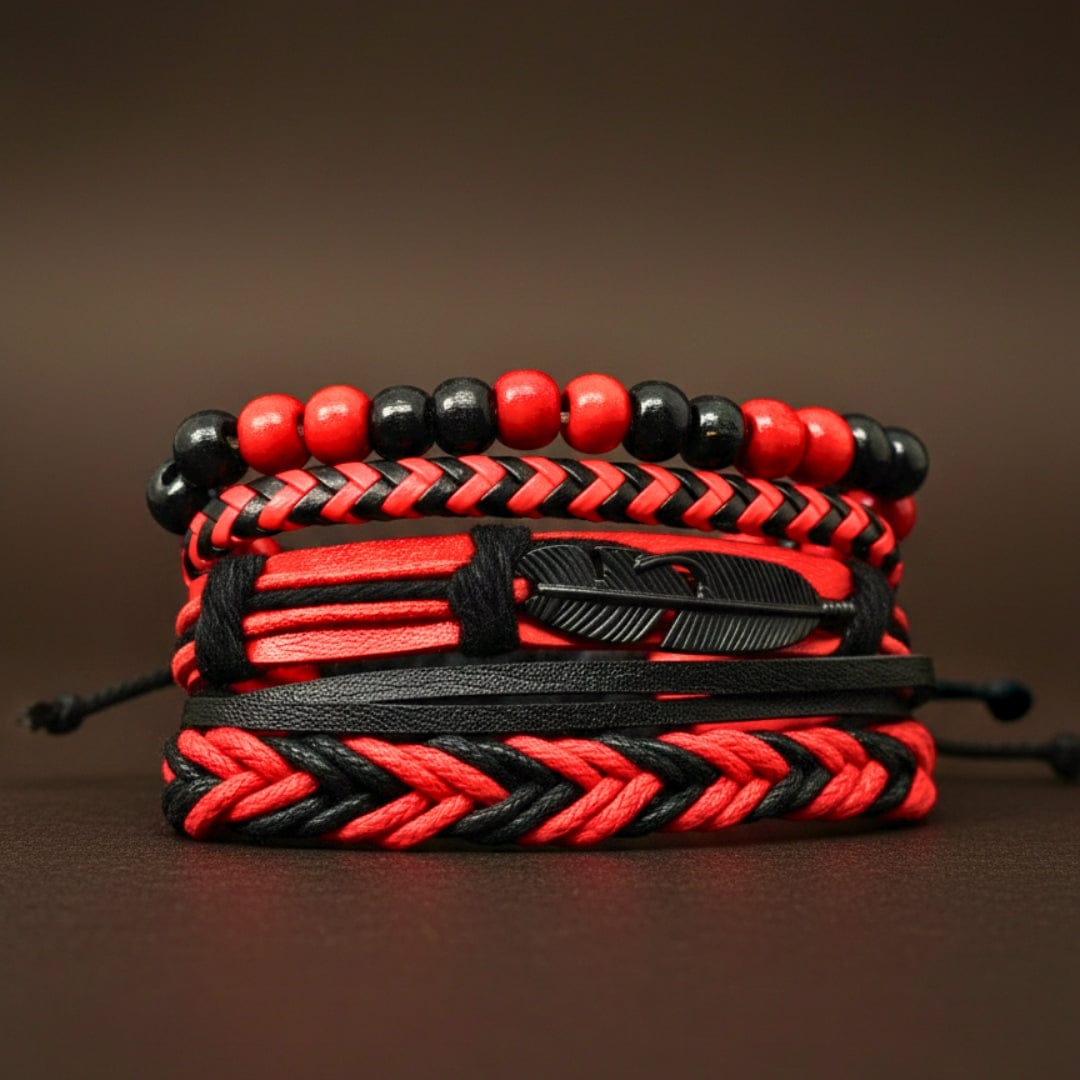CRIMSON FEATHER - 4 Pcs Genuine Leather Adjustable Bracelet Set for Men & Boys (8 inch) - THE MEN THING
