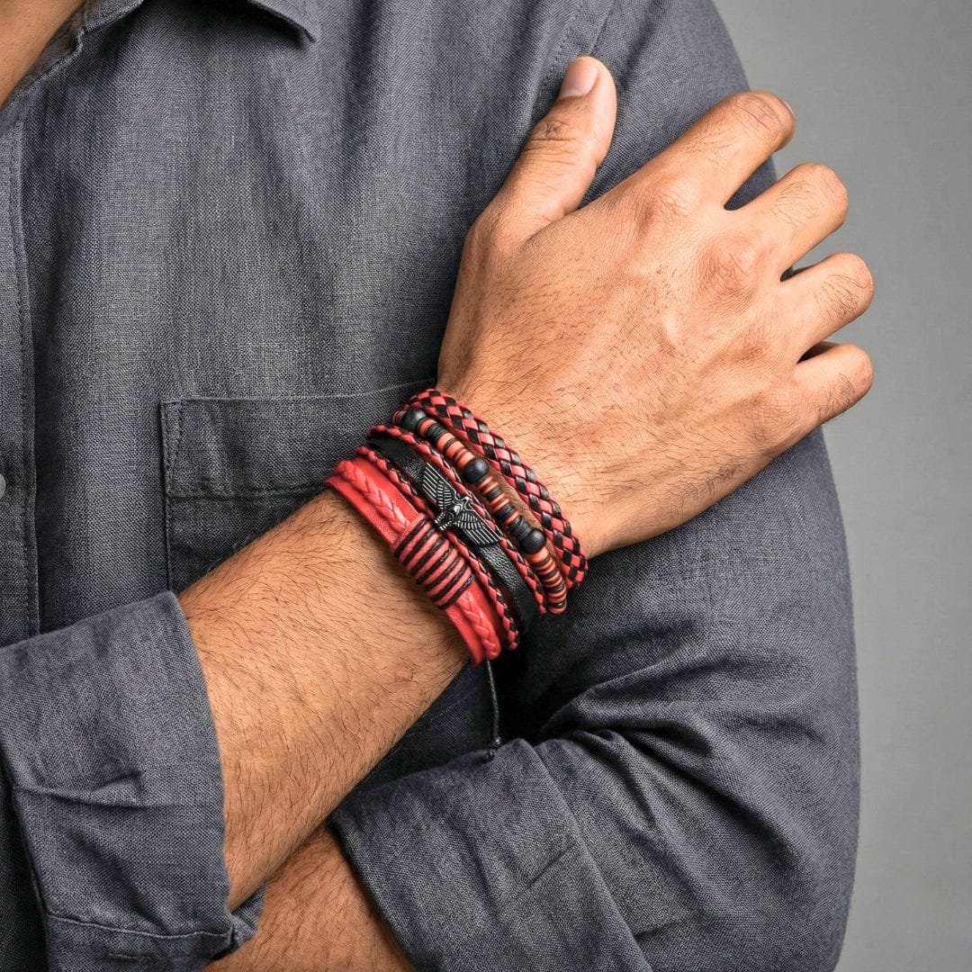 CRIMSON FURY - 4 Pcs Genuine Leather Adjustable Bracelet Set for Men & Boys (8 inch) - THE MEN THING