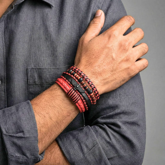 CRIMSON FURY - 4 Pcs Genuine Leather Adjustable Bracelet Set for Men & Boys (8 inch) - THE MEN THING